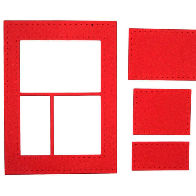Die Stanzschablone: Fenster 3-teilig von Stanzenshop.de besteht aus einem großen roten Rahmen mit drei fensterartigen Öffnungen und drei festen Rechtecken in verschiedenen Größen, ideal zum Basteln oder Scrapbooking. Alle Teile sind auf einem weißen Hintergrund abgebildet.