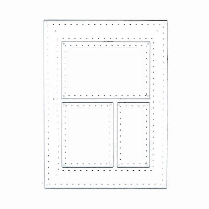 Die "Stanzschablone: Fenster 3-teilig" von Stanzenshop.de zeigt einen gestrichelten Umriss eines großen oberen Rechtecks und zwei kleinere untere Rechtecke - ideal als Vorlage für Basteln oder Scrapbooking-Projekte.