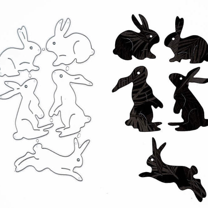 Fünf verschiedene Hasen Stanzschablonen aus Metall von Stanzenshop.de auf der linken Seite und passende schwarze Hasenausschnitte auf der rechten Seite, alle auf weißem Hintergrund - perfekt für Bastelprojekte.
