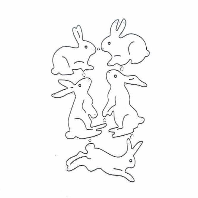 Die Stanzenshop.de Stanzschablone "Fünf verschiedene Hasen" zeigt schwarze Linienzeichnungen von fünf Hasen in verschiedenen Posen auf weiß - ideal zum Basteln oder für einzigartige Stanzschablonen.