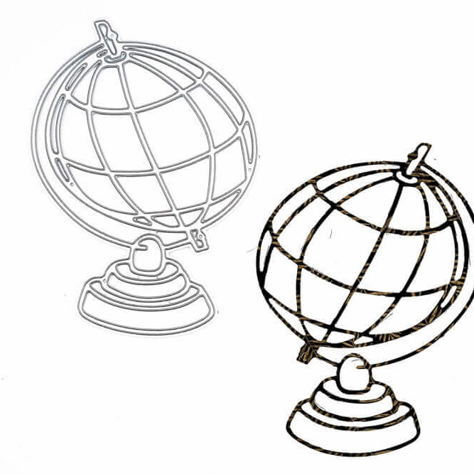Zwei umrissene Globus-Illustrationen, eine schwarz und eine grau, auf weißem Grund. Stanzschablone: Großer Globus von Stanzenshop.de-ideal für Ihr nächstes Scrapbooking-Projekt.