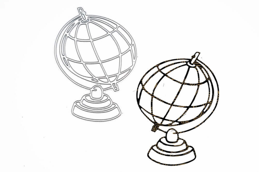 Zwei umrissene Globus-Illustrationen, eine schwarz und eine grau, auf weißem Grund. Stanzschablone: Großer Globus von Stanzenshop.de-ideal für Ihr nächstes Scrapbooking-Projekt.