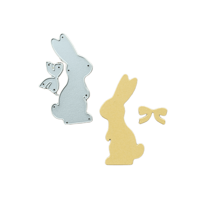 Der Stanzenshop.de Stanzschablone: Hase mit einer Fliege, eine Metallschablone in Hasenform mit Fliege, liegt neben einem gelben Papierhasen - ideal zum Basteln zu Ostern auf weißem Hintergrund.