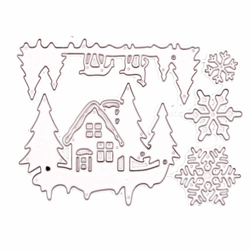 Die Stanzschablone Haus im Schnee von Stanzenshop.de hat die Form eines Hauses mit Bäumen, Eiszapfen und Schneeflocken - ideal für Scrapbooking, Basteln oder um Ihren kreativen Bastelprojekten Charme zu verleihen.