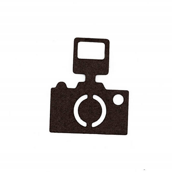Die Stanzenshop.de Stanzschablone: Kamera mit Blitz zeigt einen schwarzen Ausschnitt einer Kamera mit Blitz auf weißem Hintergrund - ideal für Kartenherstellung oder Scrapbooking.