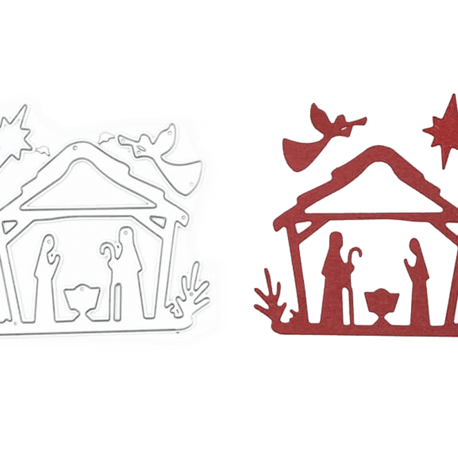 Die Stanzschablone: Kleine Krippenszene von Stanzenshop.de enthält zwei Krippenstempel - weiß umrandet und einfarbig rot - mit Stall, Maria, Josef, Jesuskind, Engel und Stern. Ideal für Weihnachten oder Krippenszene Bastelprojekte.