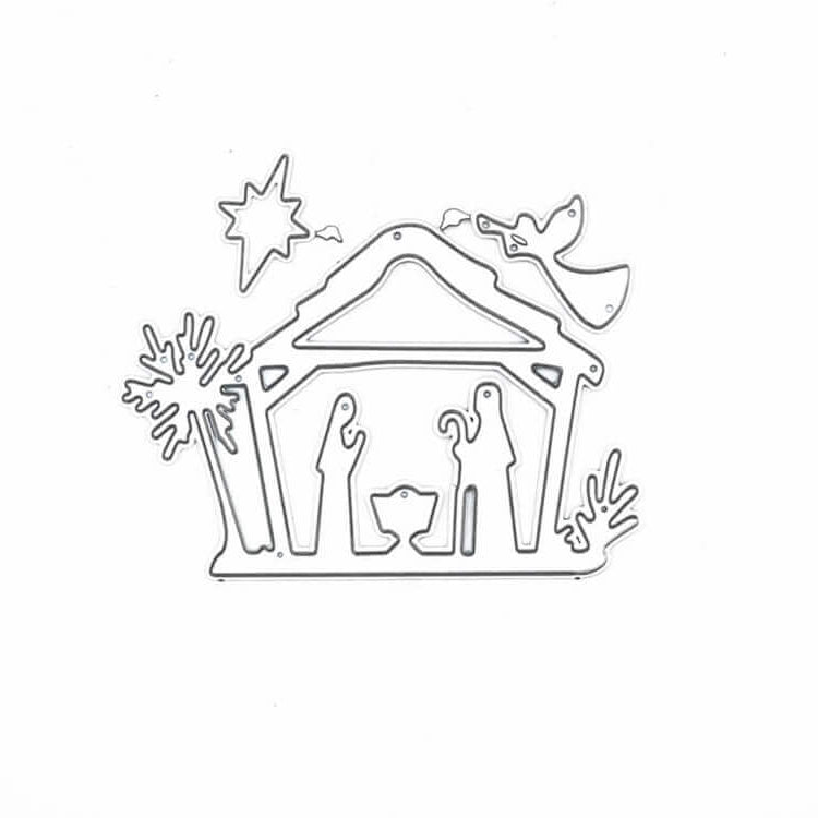 Umrisszeichnung einer Krippenszene mit Maria, Josef, Jesuskind, Stern, Palme & Engel über dem Stall-perfekt als Stanzschablone: Kleine Krippenszene von Stanzenshop.de für weihnachtliche Bastelprojekte.