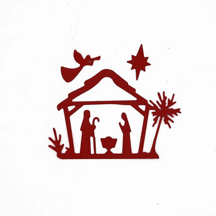 Die Stanzschablone: Kleine Krippenszene von Stanzenshop.de zeigt Maria, Josef, das Jesuskind in der Krippe, einen Stern, einen Engel und Winterpflanzen - ideal für Winter- und Weihnachtsbasteleien. Rote Silhouette auf weißem Hintergrund.