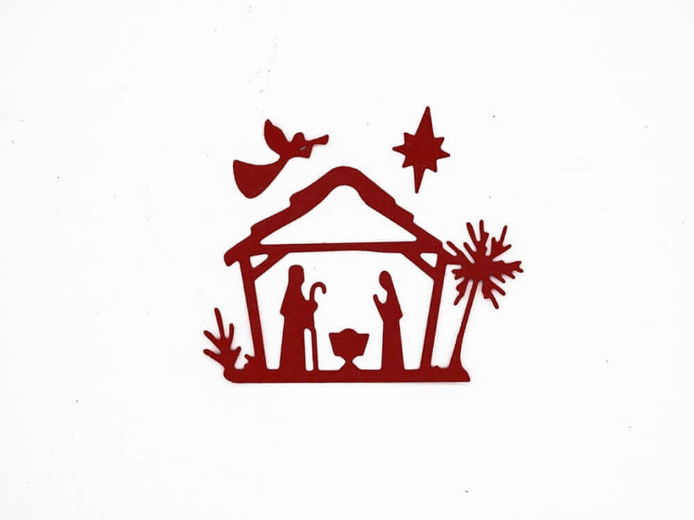 Die Stanzschablone: Kleine Krippenszene von Stanzenshop.de zeigt Maria, Josef, das Jesuskind in der Krippe, einen Stern, einen Engel und Winterpflanzen - ideal für Winter- und Weihnachtsbasteleien. Rote Silhouette auf weißem Hintergrund.