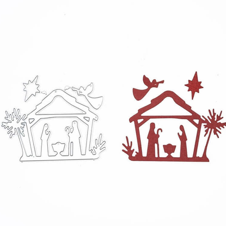 Erstellen Sie festliche Projekte mit Stanzschablone: Kleine Krippenszene von Stanzenshop.de-diese Krippenausschnitte zeigen Maria, Josef und das Jesuskind unter einem Stall mit einem Stern und einem Engel, perfekt für winterliche Designs.