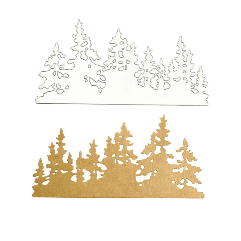 Die "Stanzschablone: Landschaft aus Tannenbäumen" von Stanzenshop.de zeigt zwei Tannenbaumausschnitte, einen weißen und einen braunen - ideal für Basteln Winterprojekte oder als Tannenbäume Stanzen in Ihrem Stanzschablone Weihnachten Set.