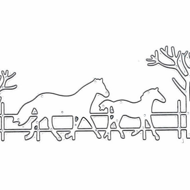 Stanzschablone Landschaft mit zwei Pferden von Stanzenshop.de zeigt zwei Pferde an einem Zaun mit Bäumen - perfekt zum Basteln von Karten, landschaftlichen Designs und kompatibel mit Ihrer Stanzmaschine.