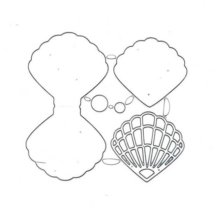 Die Stanzschablone Muschel zum Aufklappen von Stanzenshop.de zeigt schwarze Umrisse verschiedener Muscheln und Blasen auf Weiß-ideal für kreative Bastelergebnisse oder einzigartige Gastgeschenke.