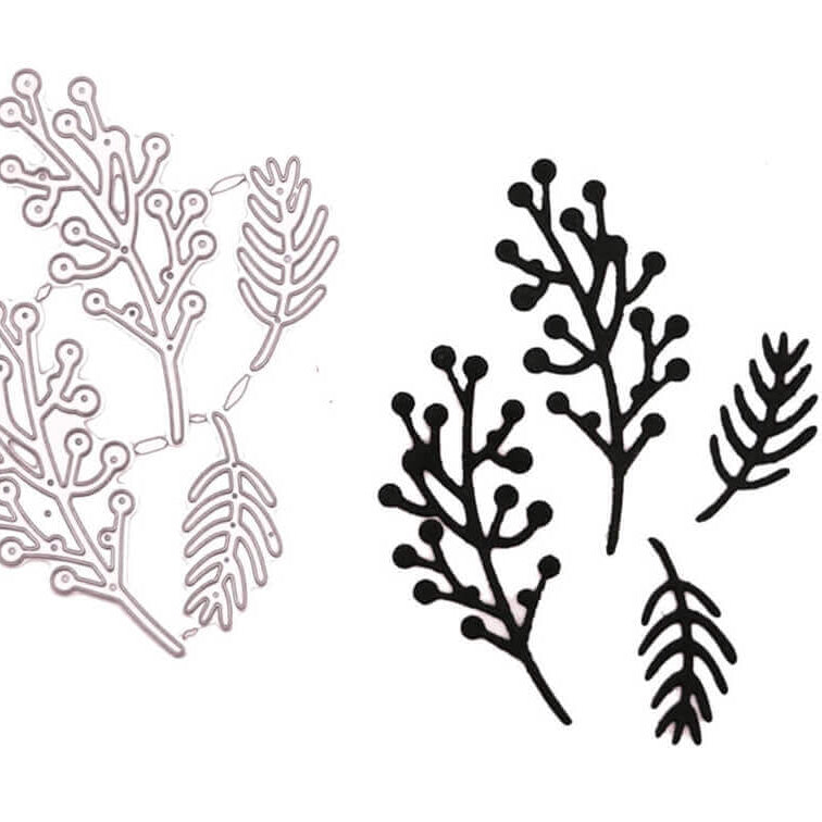 Stanzschablone Perlenzweige von Stanzenshop.de: Links die Metallschablone, rechts die schwarzen Papier-Ausstanzungen botanischer Zweige und Blätter - ideal für Scrapbooking oder Basteln, präsentiert auf weißem Hintergrund.