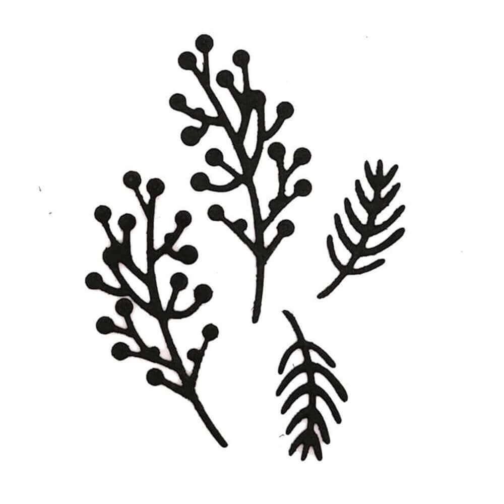Die Stanzschablone Perlenzweige von Stanzenshop.de zeigt schwarze Silhouetten von zwei Beerenzweigen und zwei farnartigen Blättern - ideal zum Basteln oder als Stanzschablone im Scrapbooking, vor einem knackig weißen Hintergrund.