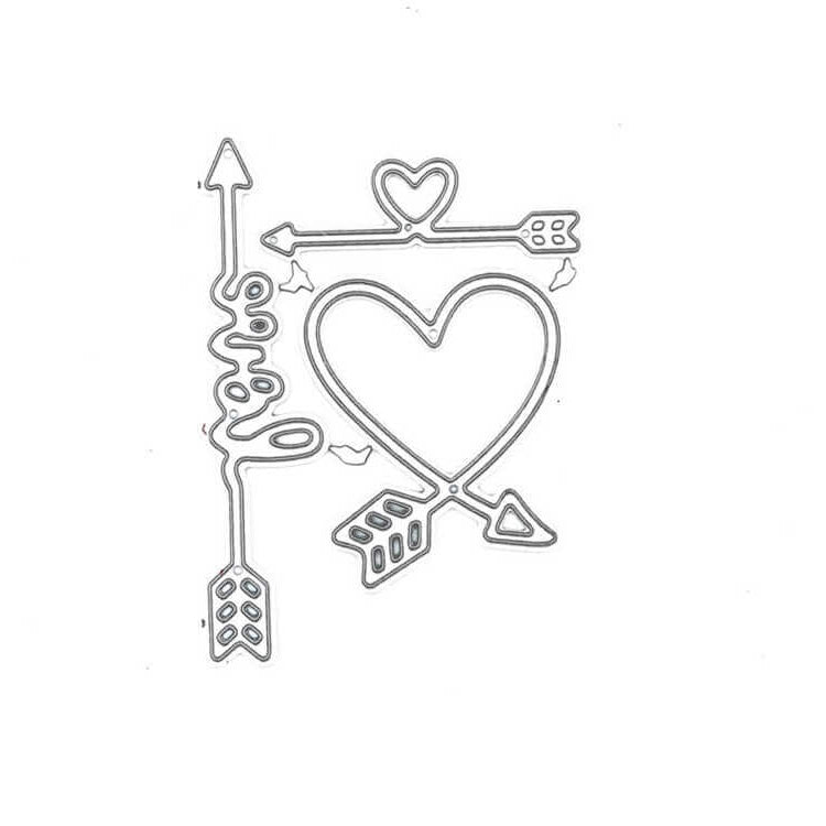 Die Stanzschablone "Pfeile mit Herzen und Text love" von Stanzenshop.de zeigt einfache schwarze Konturen von zwei Pfeilen - einer mit dem Wort "love", einer in Herzform. Perfekt für Scrapbooking und Basteln auf weißem Hintergrund.