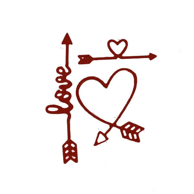 Drei rote Pfeile - einer mit "Liebe", einer mit einem herzförmigen Schwanz und einer durch ein Herz umrandet - perfekt zum Basteln oder Scrapbooking mit der Stanzschablone Pfeile mit Herzen und Text love von Stanzenshop.de.