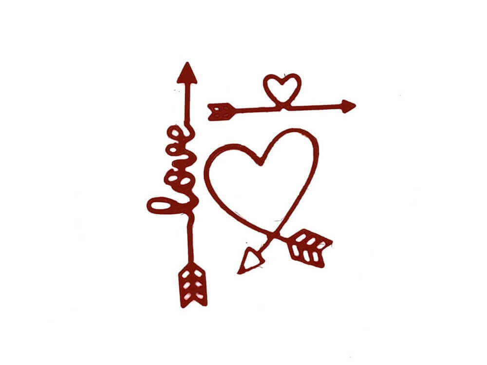 Drei rote Pfeile - einer mit "Liebe", einer mit einem herzförmigen Schwanz und einer durch ein Herz umrandet - perfekt zum Basteln oder Scrapbooking mit der Stanzschablone Pfeile mit Herzen und Text love von Stanzenshop.de.