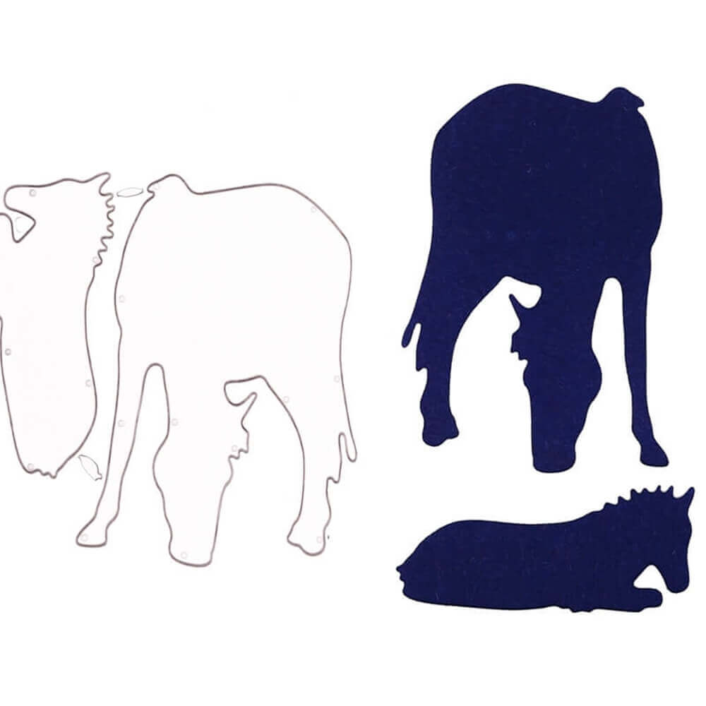 Stanzschablone Pferd mit Fohlen von Stanzenshop.de: Konturen und Silhouetten von drei Pferden-stehend, grasend, liegend-plus eine Blanko-Vorlage auf Weiß. Ideal für Scrapbooking, Basteln und kreative Projekte.