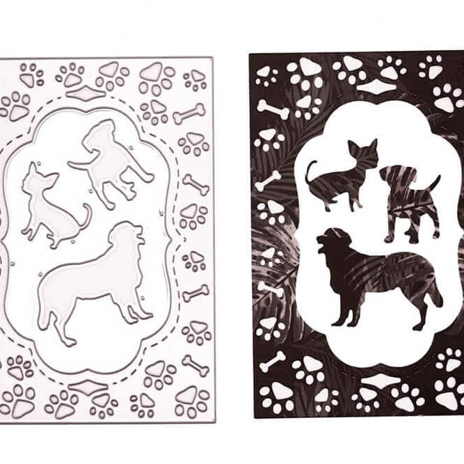 Zwei Blätter aus der Stanzschablone Pfotenrahmen mit Hunden von Stanzenshop.de zeigen Hundesilhouetten umrahmt von Knochen und Pfotenabdrücken - ideal für Scrapbooking oder Basteln. Der linke Bogen ist weiß, der rechte ist schwarz.