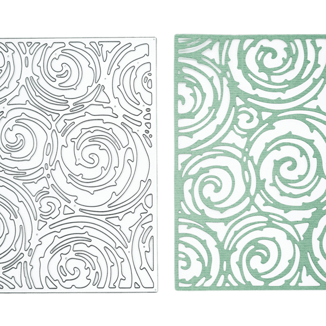 Zwei rechteckige "Platte mit Ranken"-Formen von Stanzenshop.de: links ein schwarzer Umriss auf weißem Grund, rechts ein hellgrüner Ausschnitt mit der Stanzschablone - ideal für Karten basteln oder Scrapbooking.