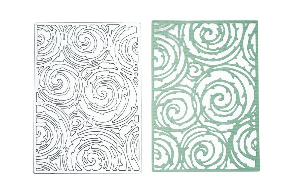 Zwei rechteckige "Platte mit Ranken"-Formen von Stanzenshop.de: links ein schwarzer Umriss auf weißem Grund, rechts ein hellgrüner Ausschnitt mit der Stanzschablone - ideal für Karten basteln oder Scrapbooking.