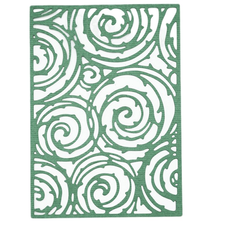 Die Stanzschablone "Platte mit Ranken" von Stanzenshop.de ist rechteckig, grün und zeigt ein filigranes Rankenmuster - ideal zum Karten basteln oder Scrapbooking.