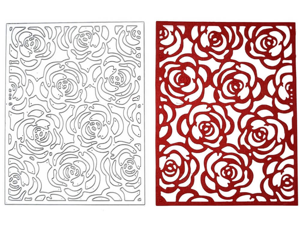 Ein Blatt Stanzschablone: Platte mit Rosenblüten von Stanzenshop.de mit roten und weißen Rosen darauf.