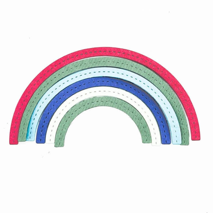 Die Stanzschablone Regenbogen von Stanzenshop.de zeigt sechs strukturierte, geschwungene Streifen in Rot, Grün, Blau, Hellblau, Weiß und Grau - ideal für kreative Bastelergebnisse - auf weißem Hintergrund.