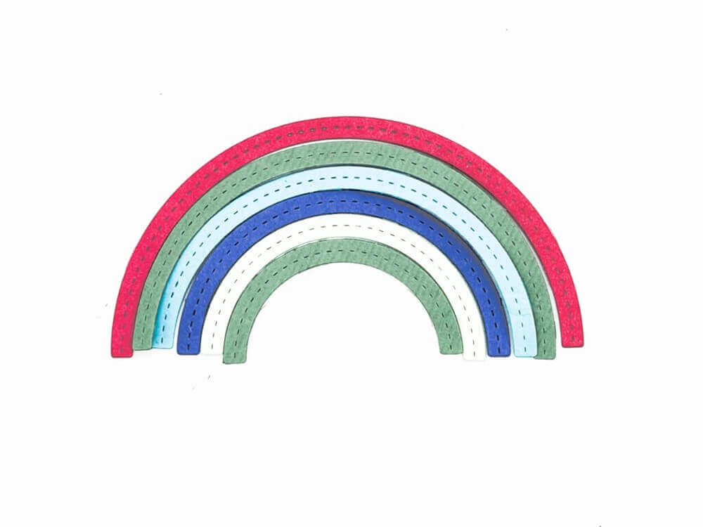 Die Stanzschablone Regenbogen von Stanzenshop.de zeigt sechs strukturierte, geschwungene Streifen in Rot, Grün, Blau, Hellblau, Weiß und Grau - ideal für kreative Bastelergebnisse - auf weißem Hintergrund.