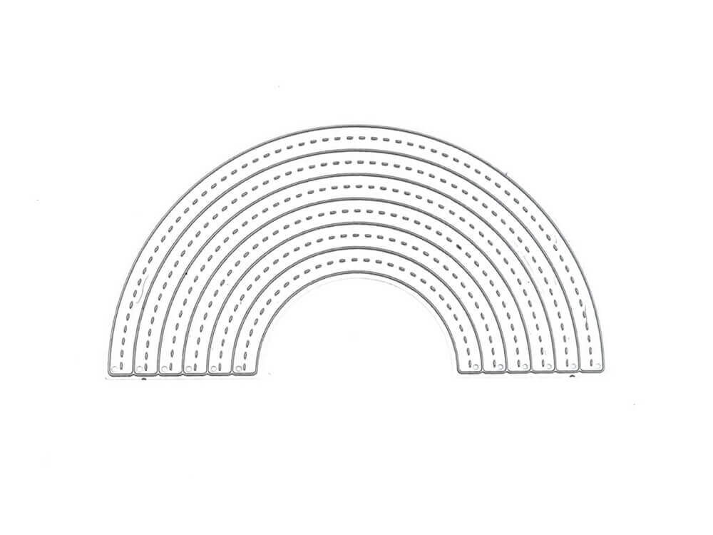 Die Stanzenshop.de Stanzschablone Regenbogen zeichnet sich durch eine schlichte schwarz-weiße Regenbogenkontur mit sechs gestrichelten Linien aus, perfekt für das Bastelergebnis und kompatibel mit den meisten Stanzmaschinen.