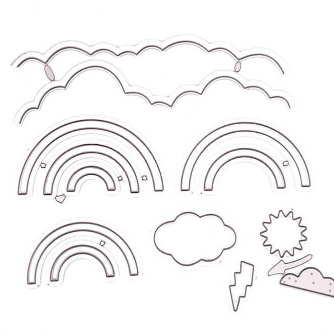Das Stanzenshop Set Regenbogen und Wolken von Stanzenshop.de zeigt konturierte Illustrationen von Wolken, einem Regenbogen, Blitz, Sonne und Regentropfen - ideal für Scrapbooking oder als Stanzschablone auf weißem Hintergrund.