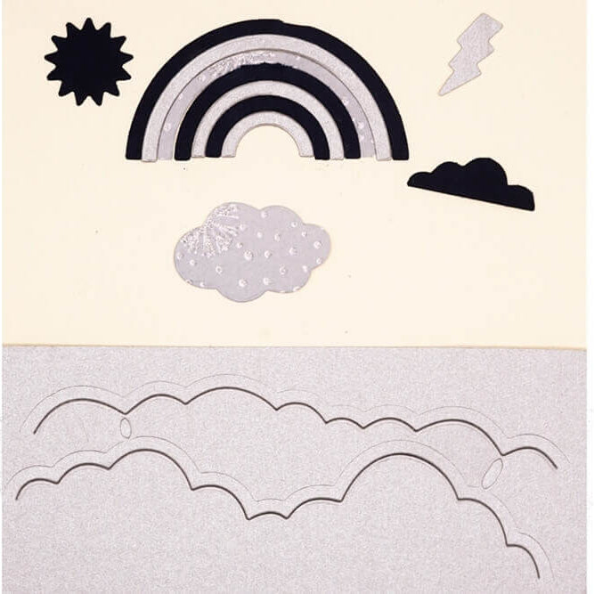 Eine flache Vorlage des Stanzenshop Sets Regenbogen und Wolken von Stanzenshop.de, mit Regenbogen, Sonne, Blitz und Wolken auf einem beigen und silbernen Hintergrund - ideal für Scrapbooking oder zum Kombinieren mit Ihren Lieblingsstanzwerkzeugen.