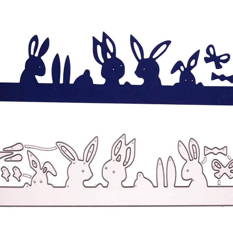 Die Stanzschablone Reihe mit Hasen und Verzierungen von Stanzenshop.de zeigt die Umrisse von Hase, Karotte, Schmetterling und Schleife in einer Reihe - ideal für Scrapbooking oder Basteln. Das Set enthält eine dunkelblaue und eine weiße Metallstanze.