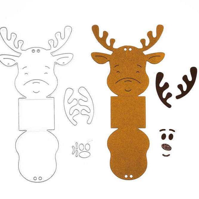 Die Stanzschablone: Rentier Aufsteller von Stanzenshop.de enthält braune und weiße Papierzuschnitte für Geweih, Gesicht und Körper - ideal als Bastelset Weihnachten für kreative Festtagsprojekte.