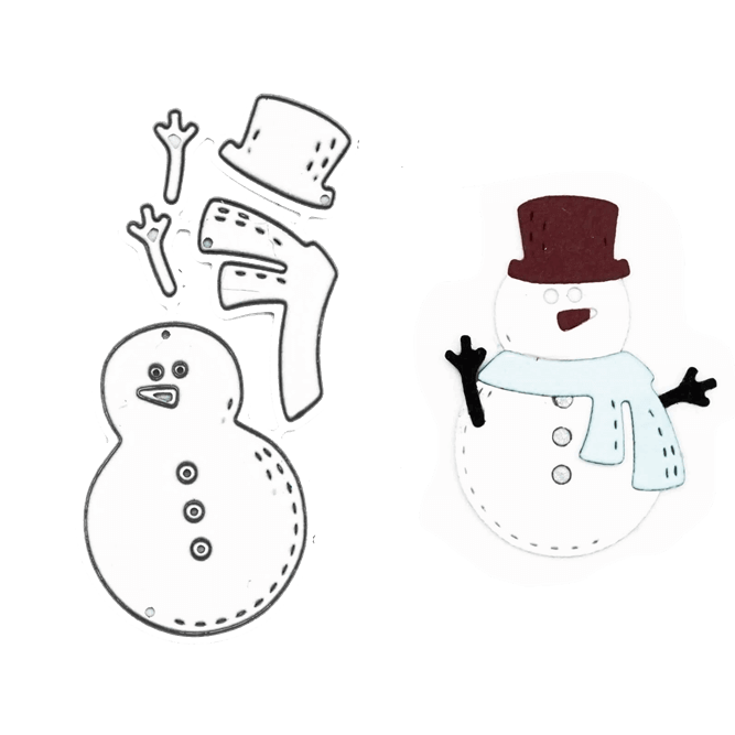 Links der Umriss eines Schneemanns mit separater Mütze, Armen, Nase und Schal, rechts ein bunter Schneemann mit Schal und Zylinder - perfekt zum Basteln im Winter mit der Stanzschablone von Stanzenshop.de.