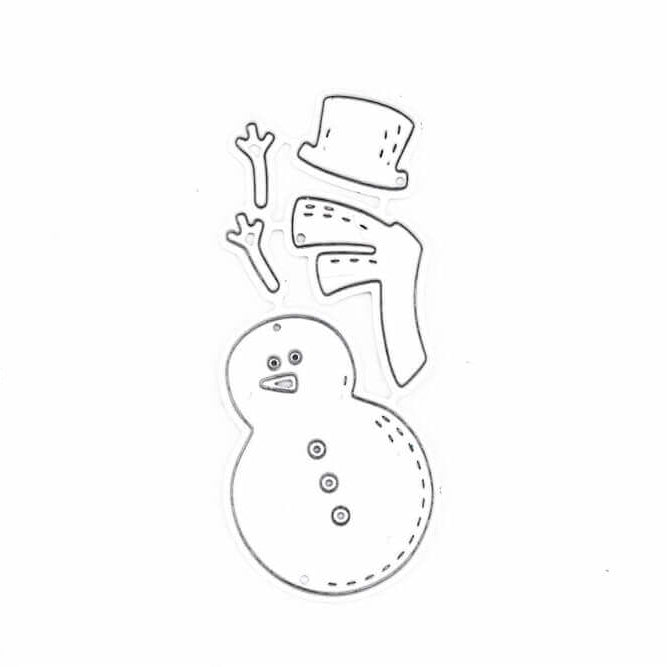 Stanzschablone: Schneemann mit Schal und Zylinder von Stanzenshop.de - enthält Umrisszeichnung eines Schneemanns mit Hut, Schal und Armen, ideal für Basteln im Winter. Alle Teile sind auf weißem Hintergrund angeordnet.