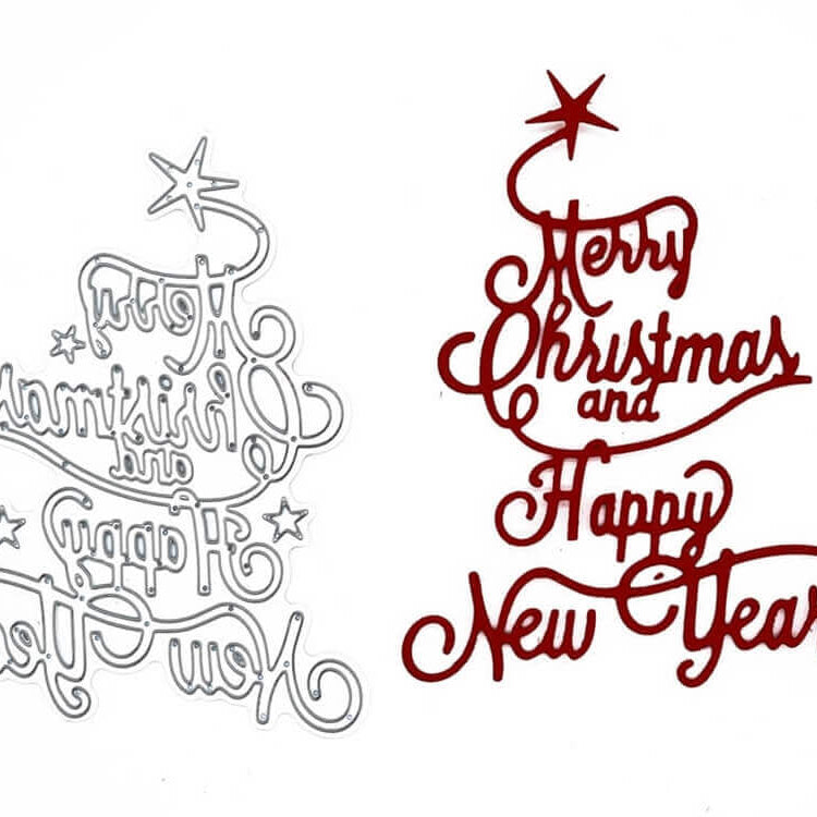 Zwei baumförmige Ausstechformen, eine silberne und eine rote, hergestellt mit der Stanzschablone Schriftzug Merry Christmas and Happy New Year von Stanzenshop.de-ideal für festliche Basteln Weihnachten oder winterliche Stanzformen Projekte.