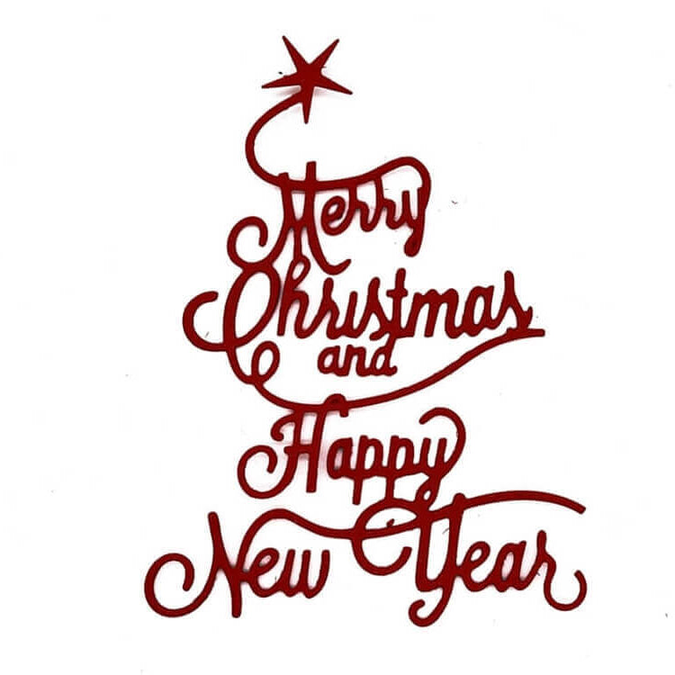 Die Stanzschablone Schriftzug Merry Christmas and Happy New Year von Stanzenshop.de zeigt einen festlichen roten Schriftzug in Form eines Weihnachtsbaums mit Stern - ideal zum Basteln zu Weihnachten oder zum Kombinieren mit Ihren Lieblings-Winter-Stanzformen.