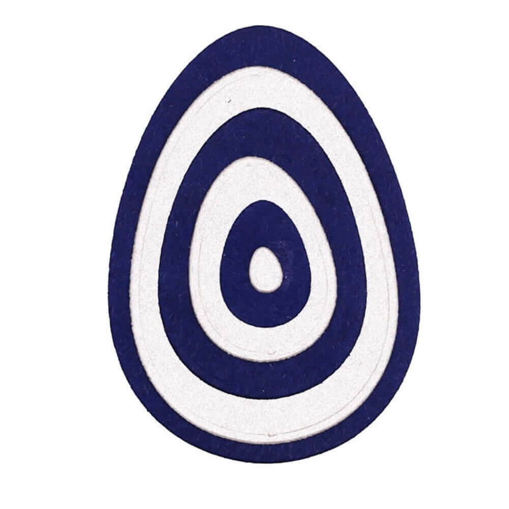 Ein ovales Objekt mit dunkelblauen und weißen konzentrischen Ringen, ideal für Scrapbooking oder Basteln mit der "Stanzschablone Sechs Ostereier" von Stanzenshop.de.