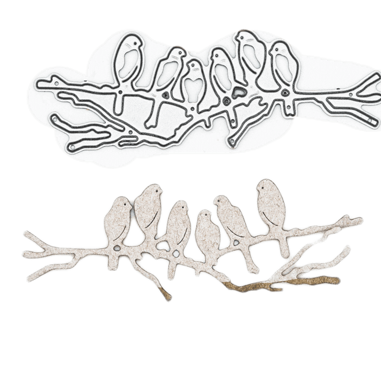 Die "Stanzschablone: Sechs Vögel auf einem Ast" von Stanzenshop.de und ihr Scherenschnitt zeigen sechs Vögel auf einem Ast, ideal für Kartenherstellung oder Scrapbooking vor einem schlichten weißen Hintergrund.