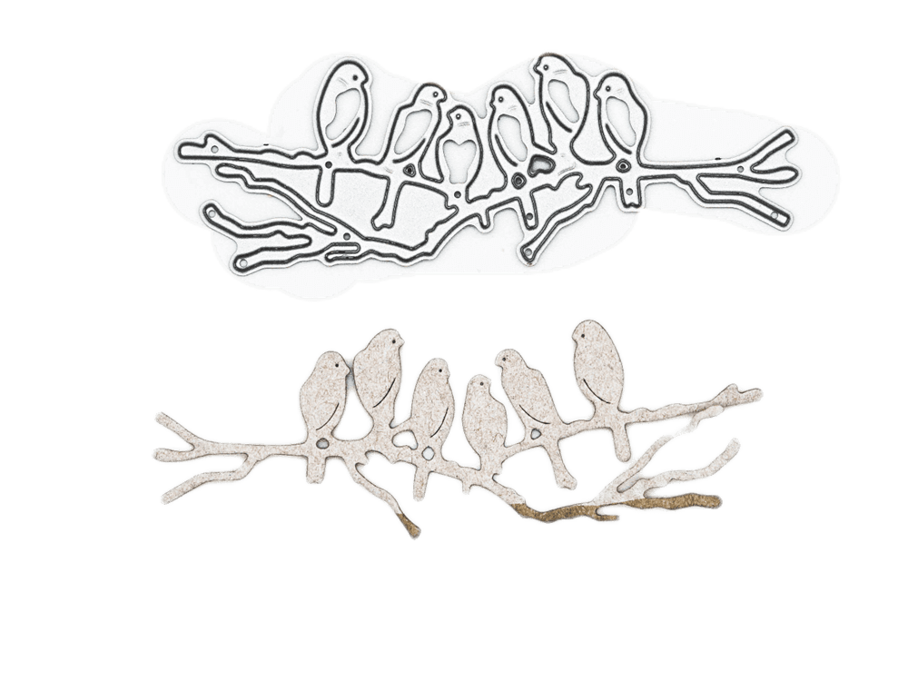 Die "Stanzschablone: Sechs Vögel auf einem Ast" von Stanzenshop.de und ihr Scherenschnitt zeigen sechs Vögel auf einem Ast, ideal für Kartenherstellung oder Scrapbooking vor einem schlichten weißen Hintergrund.