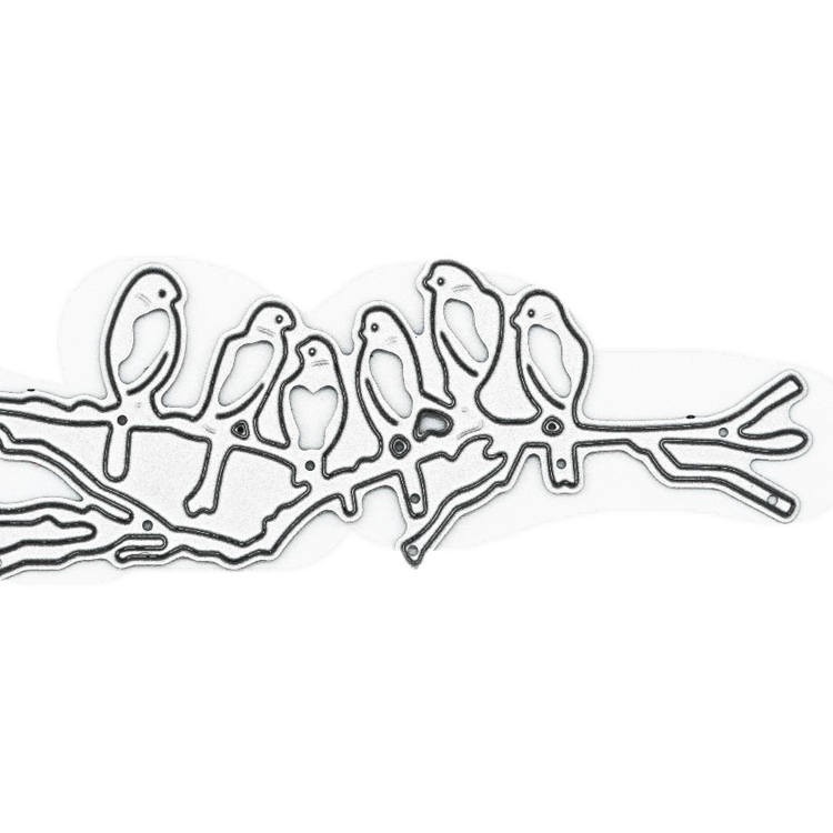 Der Stanzenshop.de Stanzschablone: Sechs Vögel auf einem Ast zeigt sechs Vögel auf einem Ast, ideal für Kartenherstellung oder Scrapbooking, präsentiert vor weißem Hintergrund.