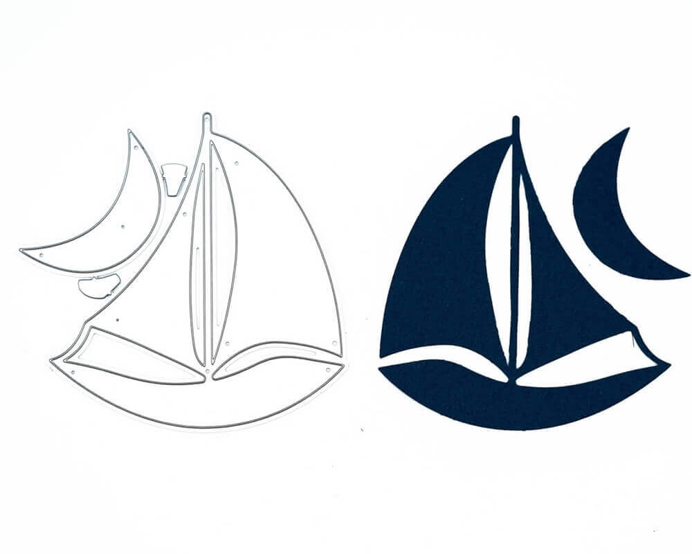 Die Stanzschablone Segelboot mit Mond von Stanzenshop.de zeigt Segelboot- und Mondsichelmotive - ideal für Basteln und Scrapbooking-Projekte.