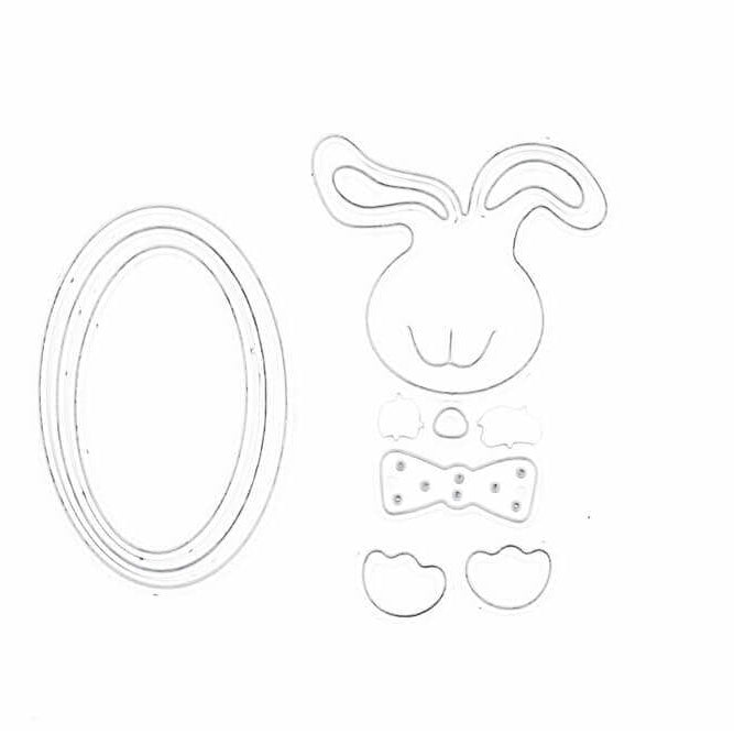 Gestalten Sie niedliche Hasengesichter mit der Stanzschablone: Süßer Osterhase von Stanzenshop.de enthält einen ovalen Rahmen und Einzelteile (Ohren, Kopf, Wangen, Nase, Fliege, Pfoten). Ideales Basteln Ostern Zubehör auf einem weißen Hintergrund.