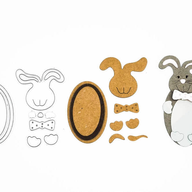 Vier Bastelsets in Hasenform zeigen den Zusammenbau vom Umriss bis zur fertigen Figur - ideal zum Osterbasteln mit der Stanzschablone: Süßer Osterhase von Stanzenshop.de.