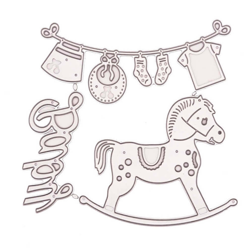 Das Stanzenshop.de Stanzschablone Set Babyglück zeigt ein Schaukelpferd, "Baby"-Schriftzüge und Baby-Wäscheleinen-Motive - ideal zum Basteln und für kreative Papierprojekte.