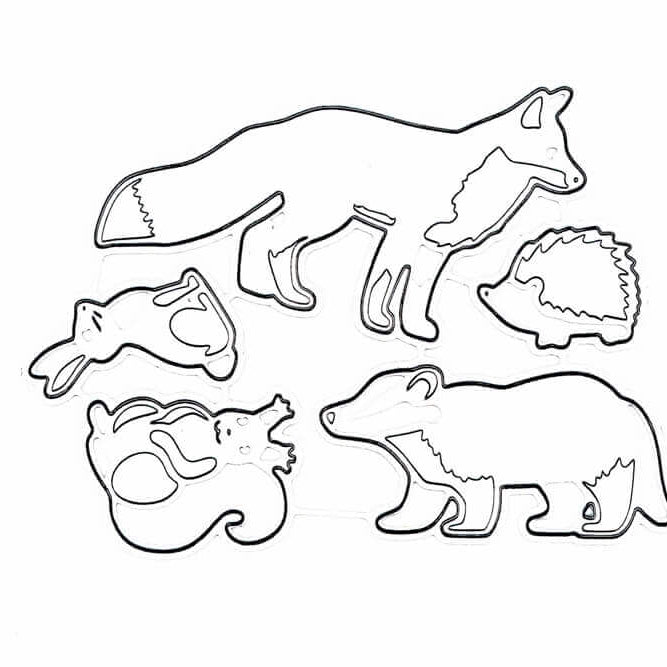 Fünf Waldtier-Umrisszeichnungen - Fuchs, Igel, Hase, Eichhörnchen, Dachs - auf weißem Hintergrund. Ideal zum Basteln mit dem Stanzschablonen-Set für Waldtiere von Stanzenshop.de.