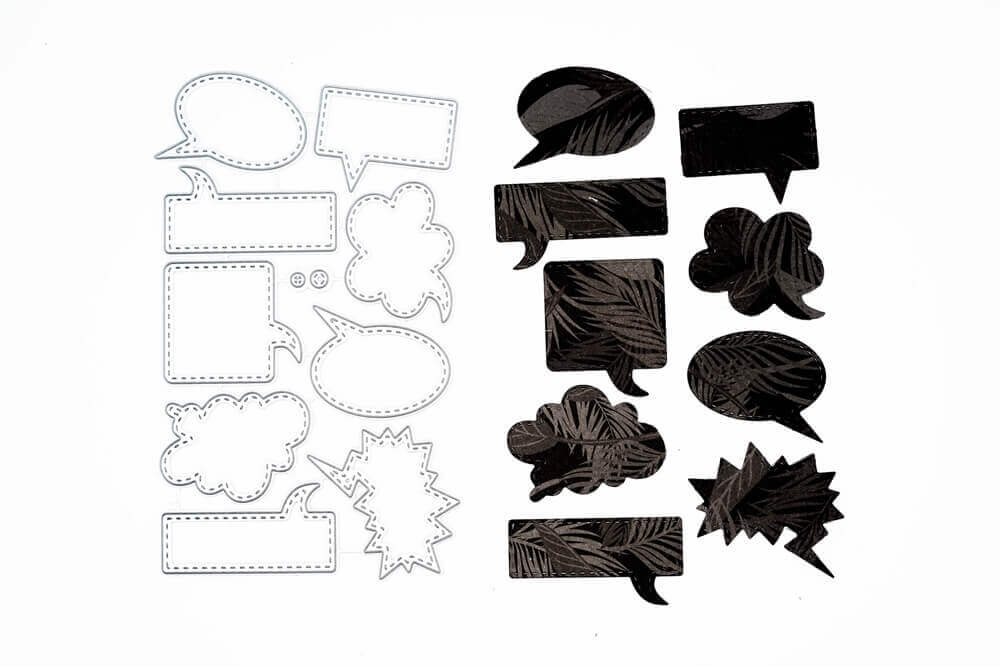 Das "Stanzschablone Set mit neun Sprechblasen" von Stanzenshop.de zeigt schwarze Sprech- und Denkblasen auf der rechten Seite und passende weiße Umrisse links - ideal zum Basteln oder als Stanzschablonen, vor neutralem Hintergrund.