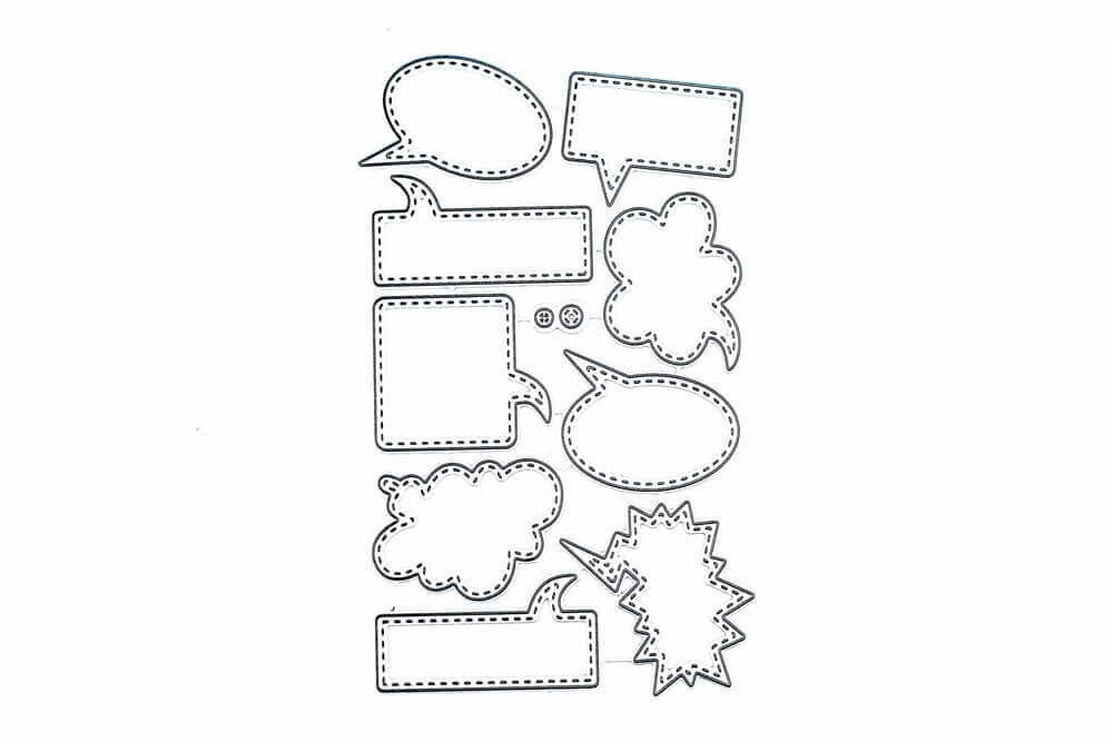 Das Stanzschablone Set mit neun Sprechblasen von Stanzenshop.de zeigt comicartige Sprechblasen mit gestrichelten Linien - ideal für Bastelprojekte, die auf weißem Hintergrund angeordnet sind.